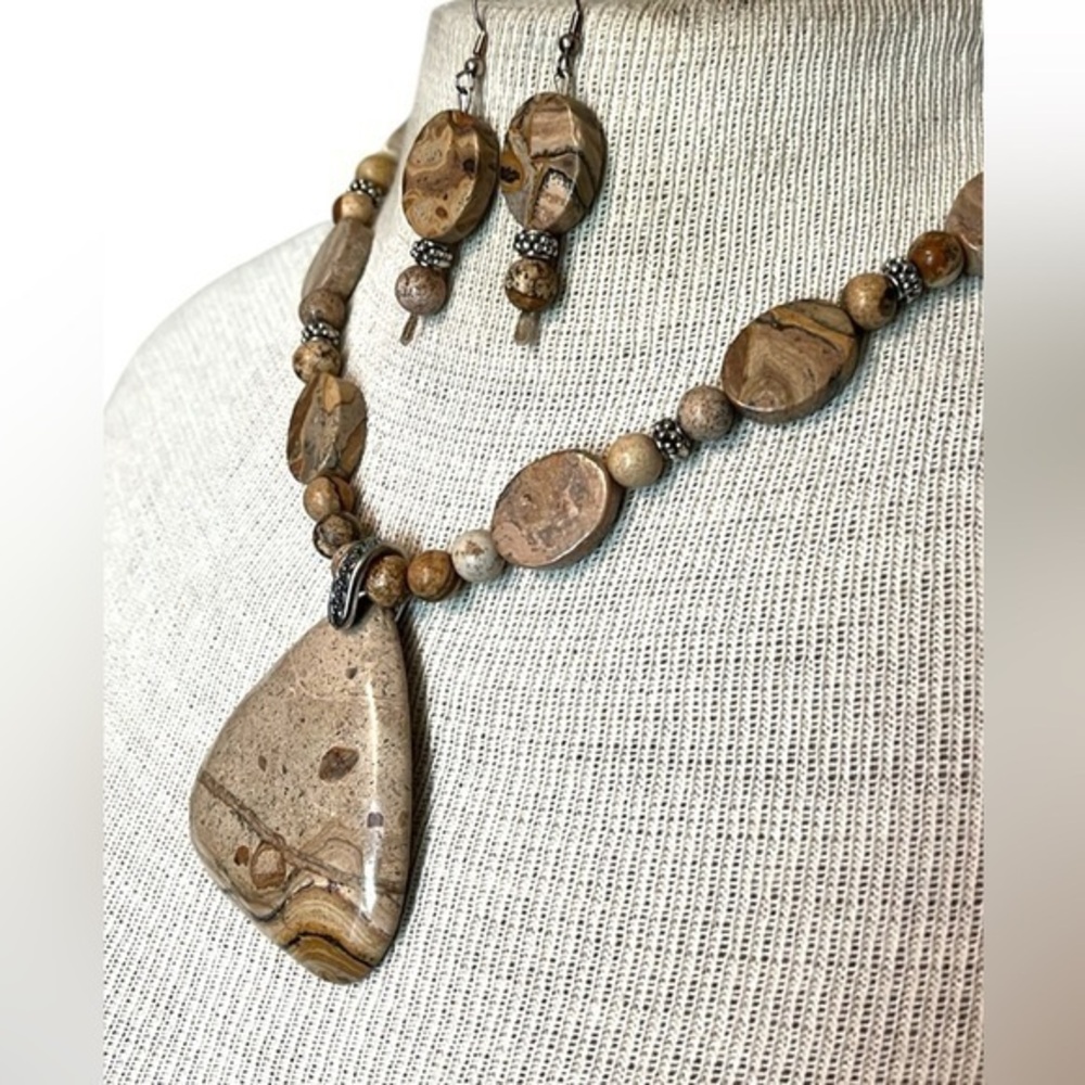 Matching necklace & earrings, brand unknown, great quality, “stone”